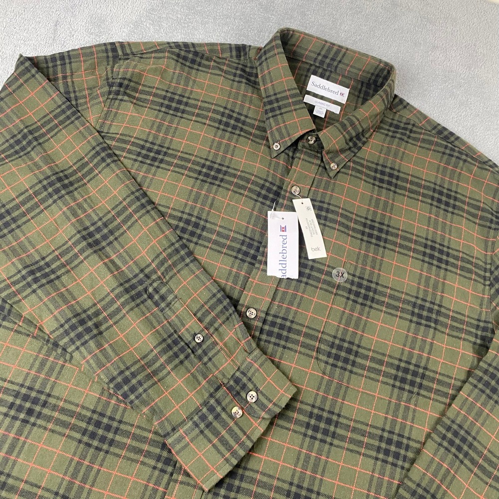Saddlebred Men 3X Button Flannel Green Plaid Cotton Long Slv Classic Fit Shirt